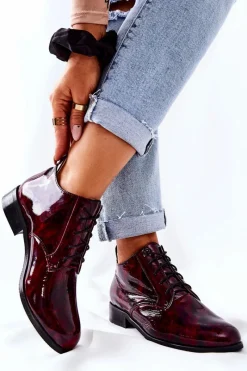 Online Skórzane Wysokie Półbuty Bordowo-Czarne Maniz Damskie Półbuty Skórzane