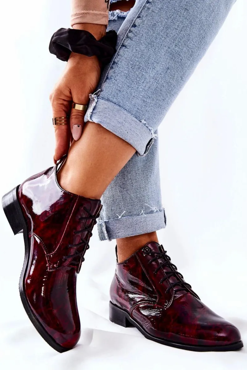 Online Skórzane Wysokie Półbuty Bordowo-Czarne Maniz Damskie Półbuty Skórzane