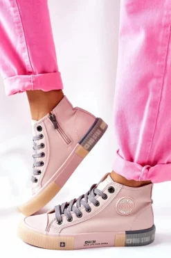 Trampki Damskie Big Star|Trampki Damskie Wysokie>Big Star Shoes Skórzane Wysokie Trampki Big Star II274138 Różowe