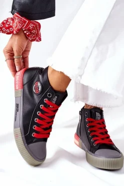 Trampki Damskie Big Star|Trampki Damskie Wysokie>Big Star Shoes Skórzane Wysokie Trampki Big Star II274139 Czarne