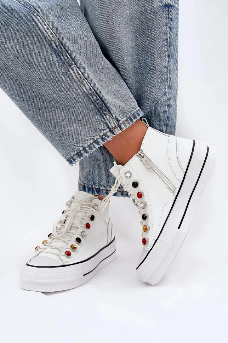 Trampki Damskie Wysokie>GOE Skórzane Wysokie Trampki Damskie RR2N4102 Białe Biały