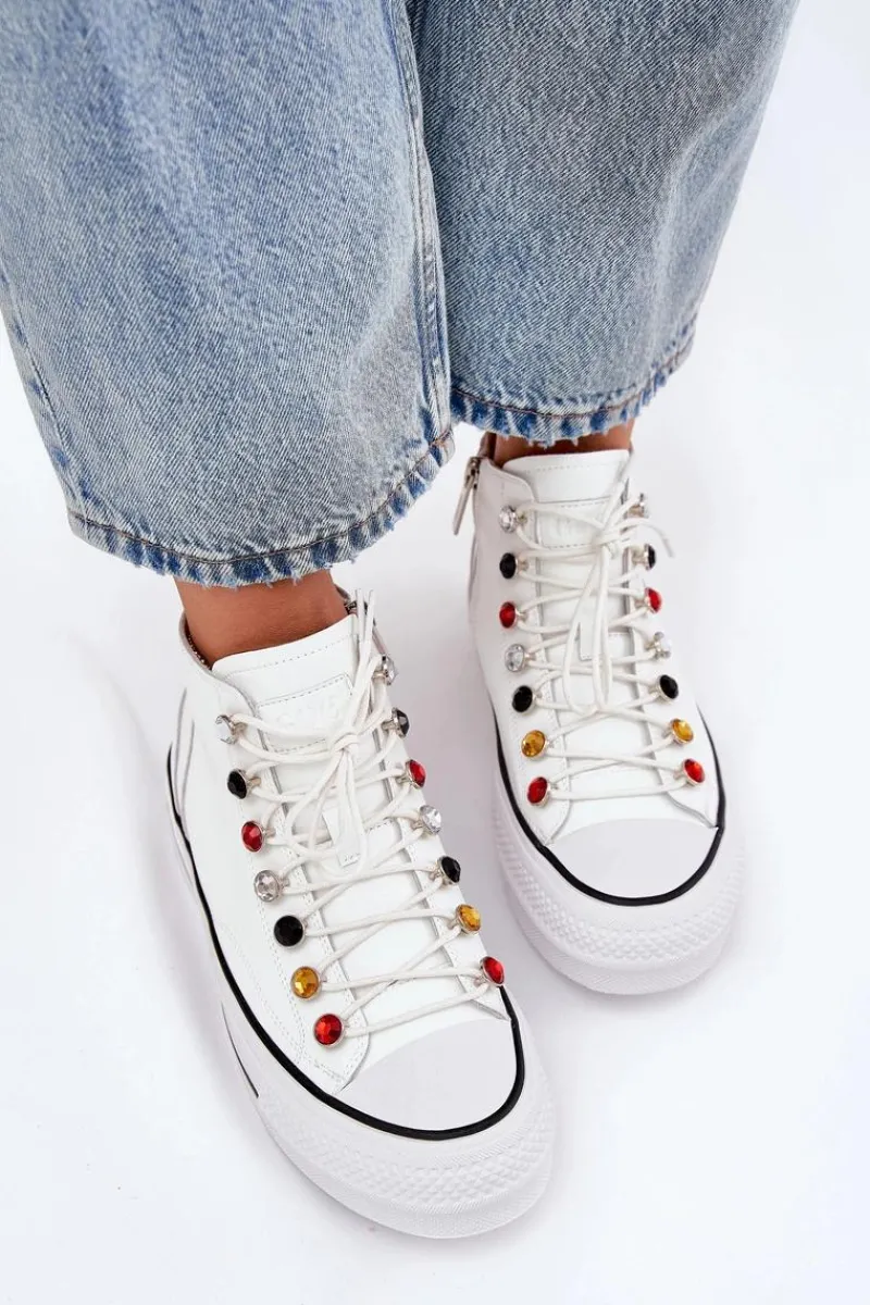 Trampki Damskie Wysokie>GOE Skórzane Wysokie Trampki Damskie RR2N4102 Białe Biały