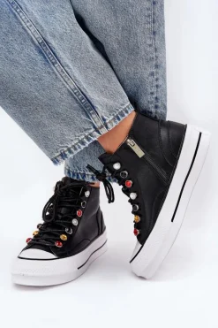 Best Skórzane Wysokie Trampki Damskie RR2N4101 Czarne Damskie Trampki Damskie Wysokie