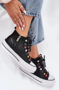 Best Skórzane Wysokie Trampki Damskie RR2N4101 Czarne Damskie Trampki Damskie Wysokie