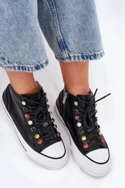 Best Skórzane Wysokie Trampki Damskie RR2N4101 Czarne Damskie Trampki Damskie Wysokie