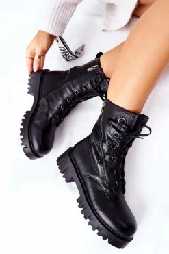 Discount Skórzane Wysokie Workery Big Star II274429 Czarne Damskie Damskie Trapery|Botki Sznurowane