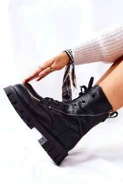 Discount Skórzane Wysokie Workery Big Star II274429 Czarne Damskie Damskie Trapery|Botki Sznurowane