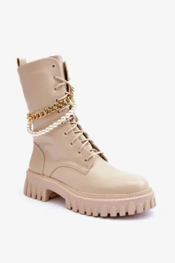New Skórzane Wysokie Workery Z Łańcuszkiem Beżowe Nameer Damskie Botki Wiosenne|Botki Sznurowane