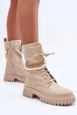 New Skórzane Wysokie Workery Z Łańcuszkiem Beżowe Nameer Damskie Botki Wiosenne|Botki Sznurowane