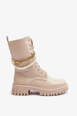 New Skórzane Wysokie Workery Z Łańcuszkiem Beżowe Nameer Damskie Botki Wiosenne|Botki Sznurowane