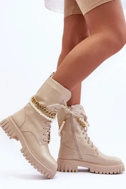 New Skórzane Wysokie Workery Z Łańcuszkiem Beżowe Nameer Damskie Botki Wiosenne|Botki Sznurowane