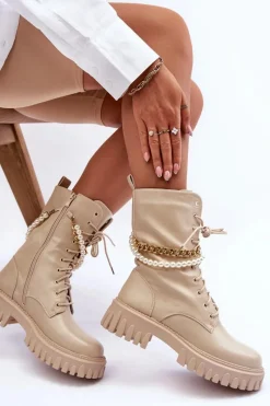 New Skórzane Wysokie Workery Z Łańcuszkiem Beżowe Nameer Damskie Botki Wiosenne|Botki Sznurowane
