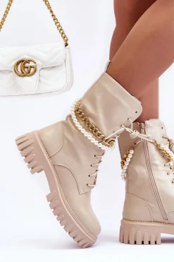 New Skórzane Wysokie Workery Z Łańcuszkiem Beżowe Nameer Damskie Botki Wiosenne|Botki Sznurowane