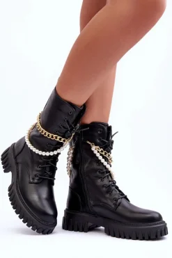 Online Boto Skórzane Wysokie Workery Z Łańcuszkiem Czarne Nameer