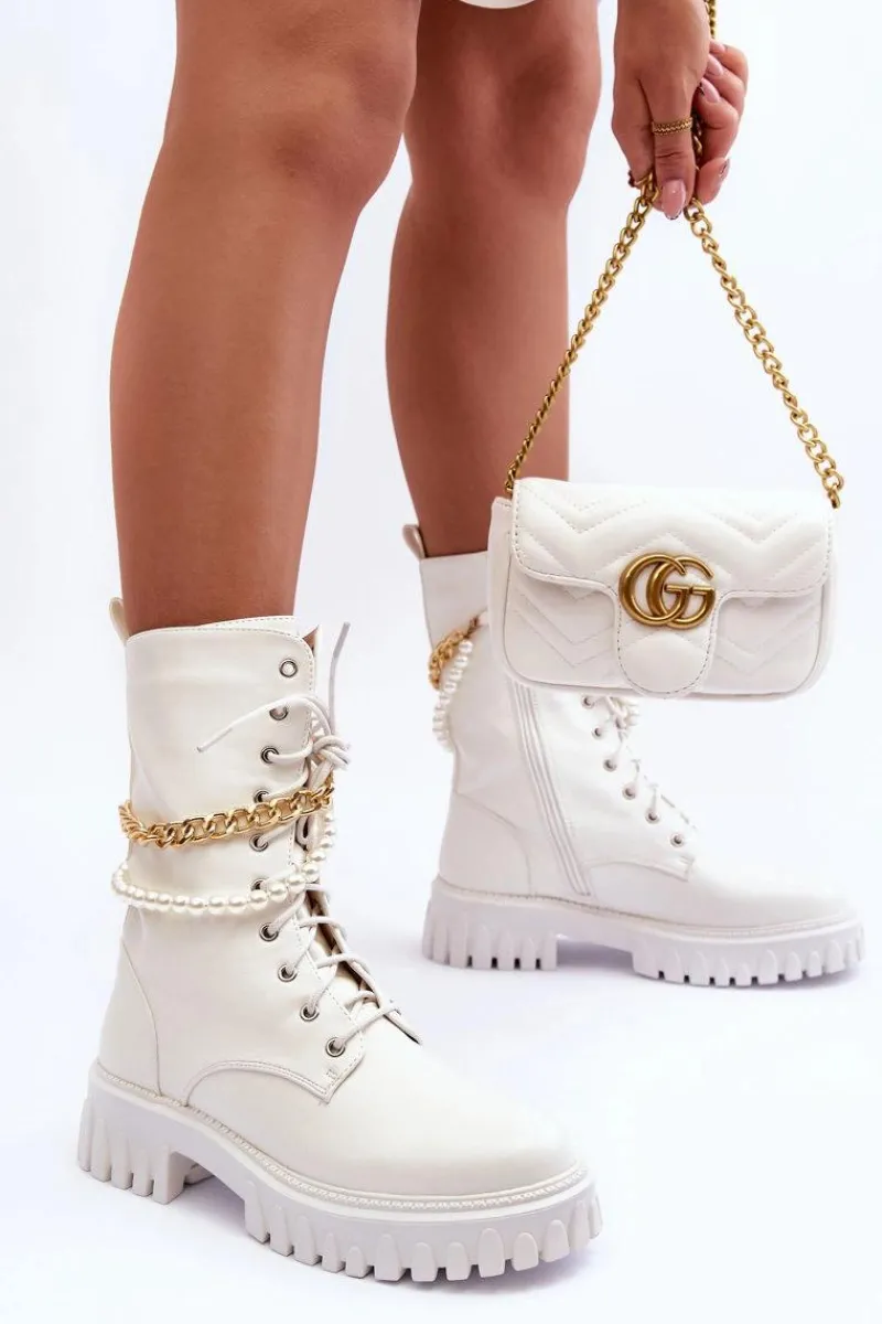 Botki Wiosenne|Botki Sznurowane>Boto Skórzane Wysokie Workery Z Łańcuszkiem Białe Nameer