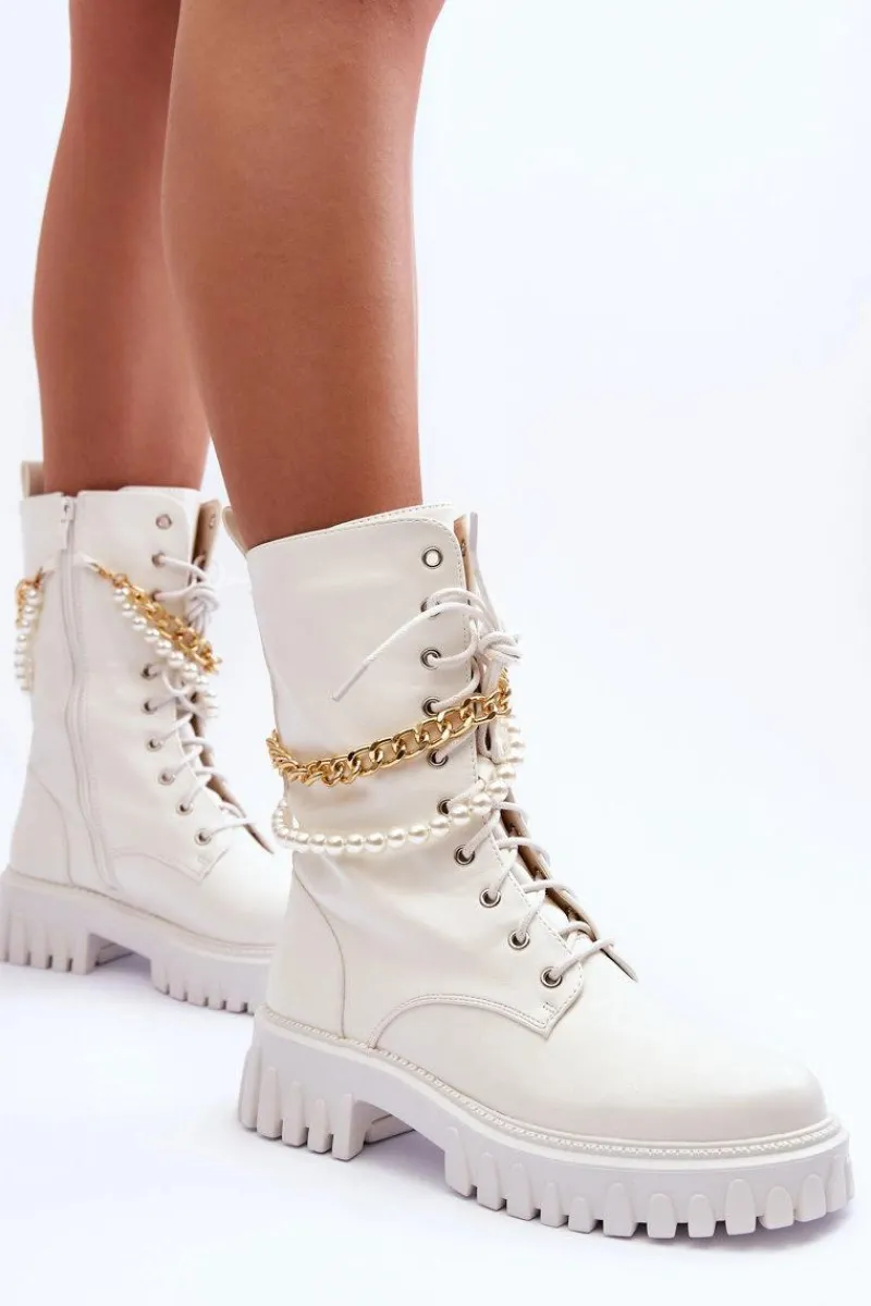Botki Wiosenne|Botki Sznurowane>Boto Skórzane Wysokie Workery Z Łańcuszkiem Białe Nameer