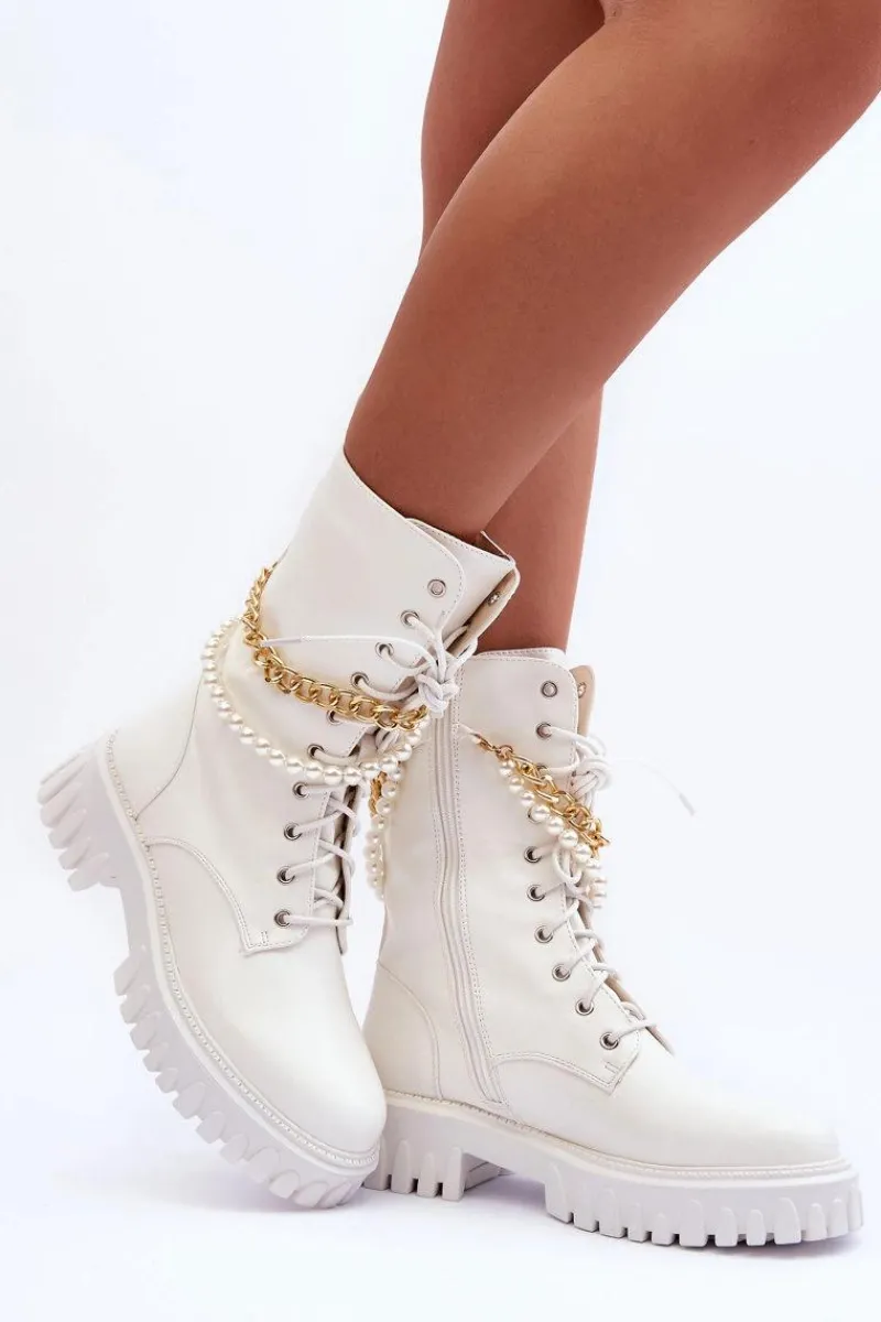 Botki Wiosenne|Botki Sznurowane>Boto Skórzane Wysokie Workery Z Łańcuszkiem Białe Nameer