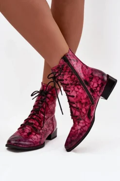 Discount Maciejka Skórzane Wzorzyste Botki Na Płaskim Obcasie 06391-23 Różowe
