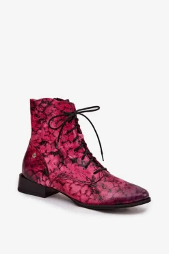 Discount Maciejka Skórzane Wzorzyste Botki Na Płaskim Obcasie 06391-23 Różowe