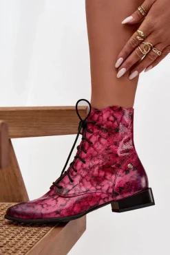 Discount Maciejka Skórzane Wzorzyste Botki Na Płaskim Obcasie 06391-23 Różowe