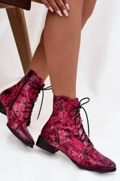 Discount Maciejka Skórzane Wzorzyste Botki Na Płaskim Obcasie 06391-23 Różowe