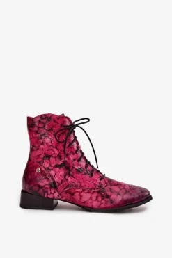 Discount Maciejka Skórzane Wzorzyste Botki Na Płaskim Obcasie 06391-23 Różowe