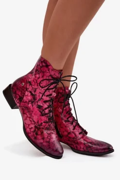 Discount Maciejka Skórzane Wzorzyste Botki Na Płaskim Obcasie 06391-23 Różowe