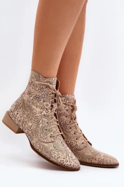 Best Maciejka Skórzane Wzorzyste Botki Na Płaskim Obcasie 06391-04 Beżowe