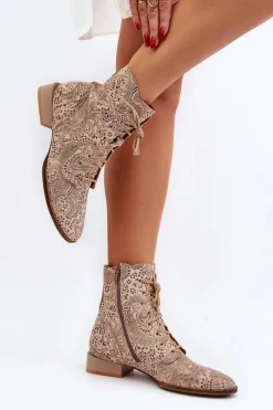 Best Maciejka Skórzane Wzorzyste Botki Na Płaskim Obcasie 06391-04 Beżowe