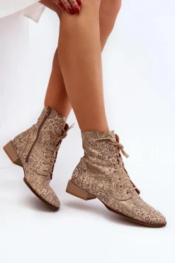 Best Maciejka Skórzane Wzorzyste Botki Na Płaskim Obcasie 06391-04 Beżowe