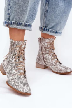 Botki Maciejka|Botki Skórzane>Maciejka Skórzane Wzorzyste Botki Na Płaskim Obcasie 06391-25 Beżowe Beżowy