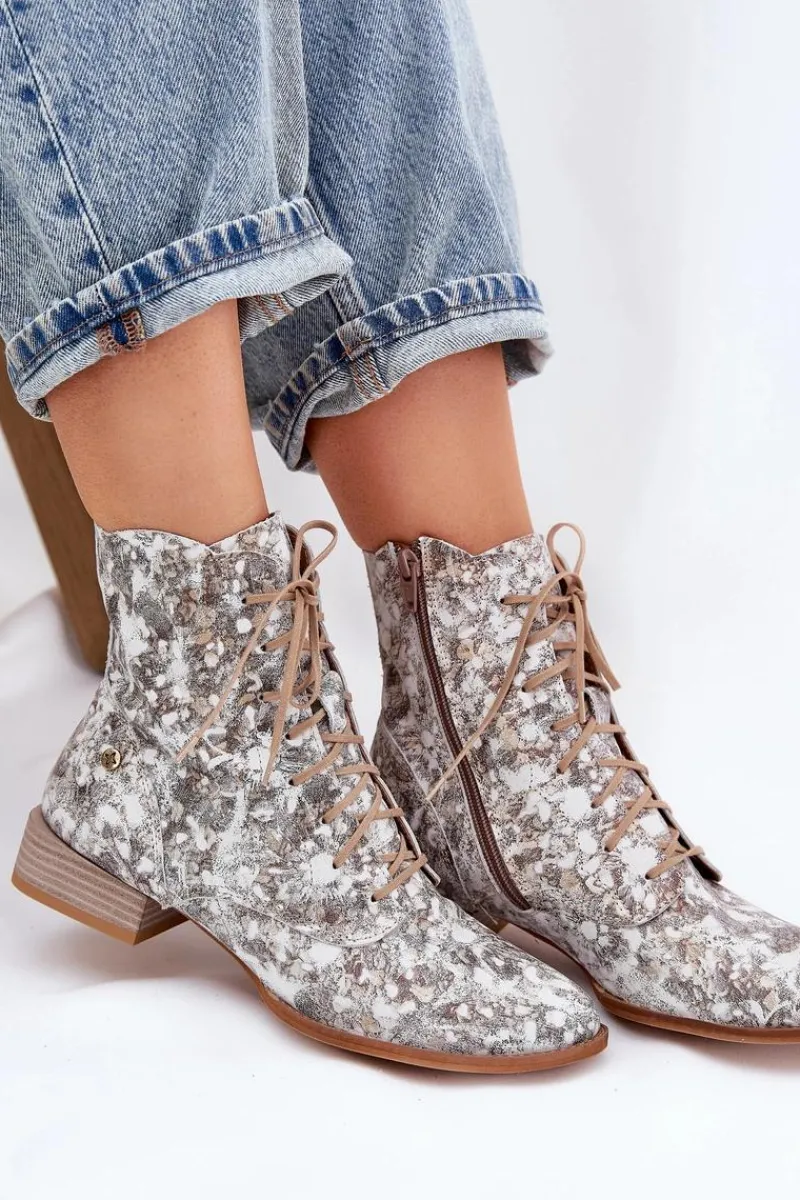 Botki Maciejka|Botki Skórzane>Maciejka Skórzane Wzorzyste Botki Na Płaskim Obcasie 06391-25 Beżowe Beżowy