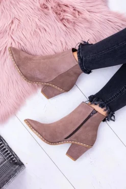 Botki Na Słupku|Brązowe I Beżowe Botki>Boto Skórzane Zamszowe Beżowe Damskie Botki W Szpic Z Suwakiem Sonoma