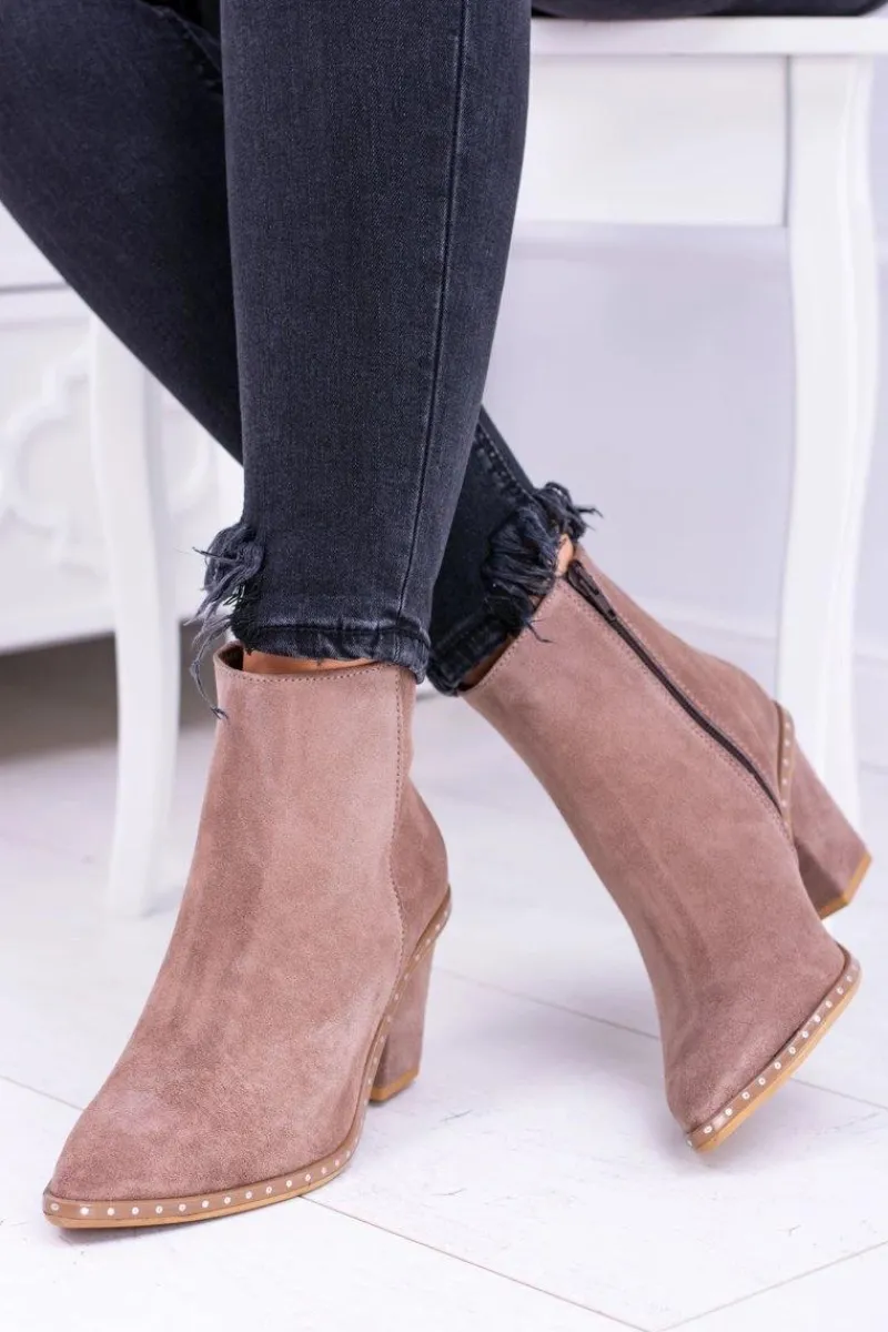 Botki Na Słupku|Brązowe I Beżowe Botki>Boto Skórzane Zamszowe Beżowe Damskie Botki W Szpic Z Suwakiem Sonoma