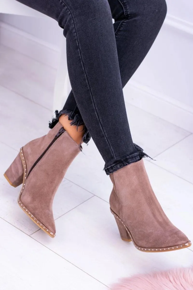 Botki Na Słupku|Brązowe I Beżowe Botki>Boto Skórzane Zamszowe Beżowe Damskie Botki W Szpic Z Suwakiem Sonoma