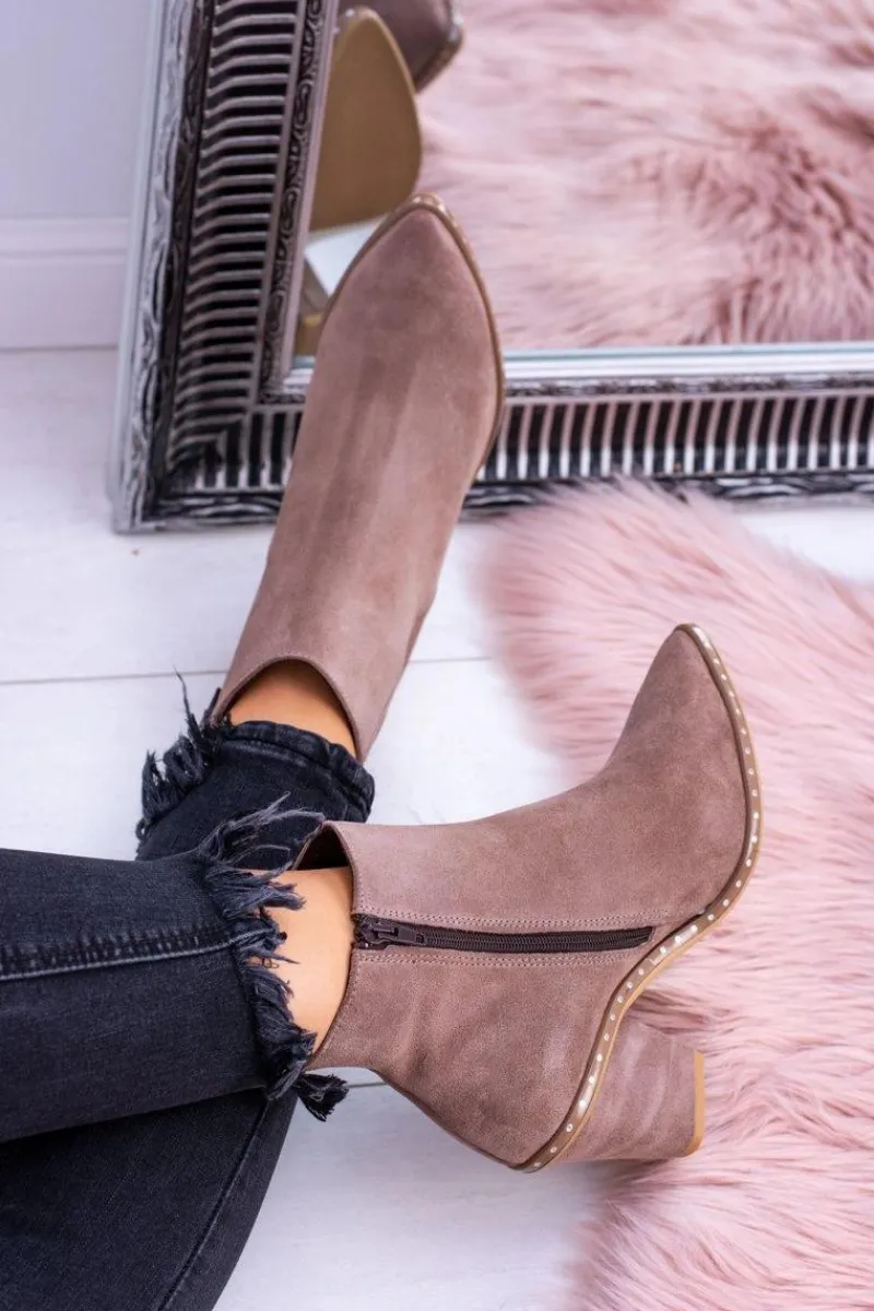 Botki Na Słupku|Brązowe I Beżowe Botki>Boto Skórzane Zamszowe Beżowe Damskie Botki W Szpic Z Suwakiem Sonoma