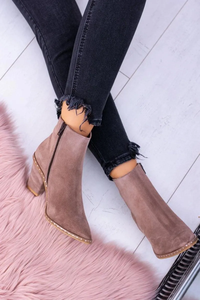 Botki Na Słupku|Brązowe I Beżowe Botki>Boto Skórzane Zamszowe Beżowe Damskie Botki W Szpic Z Suwakiem Sonoma