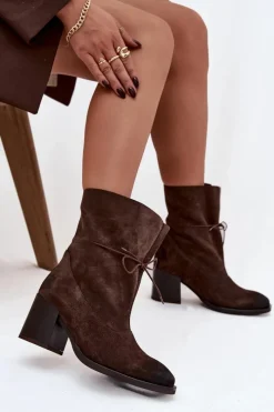 Botki Skórzane|Botki Na Słupku>Zazoo Skórzane Zamszowe Botki Damskie Na Słupku 1151 Czekoladowe Brązowy