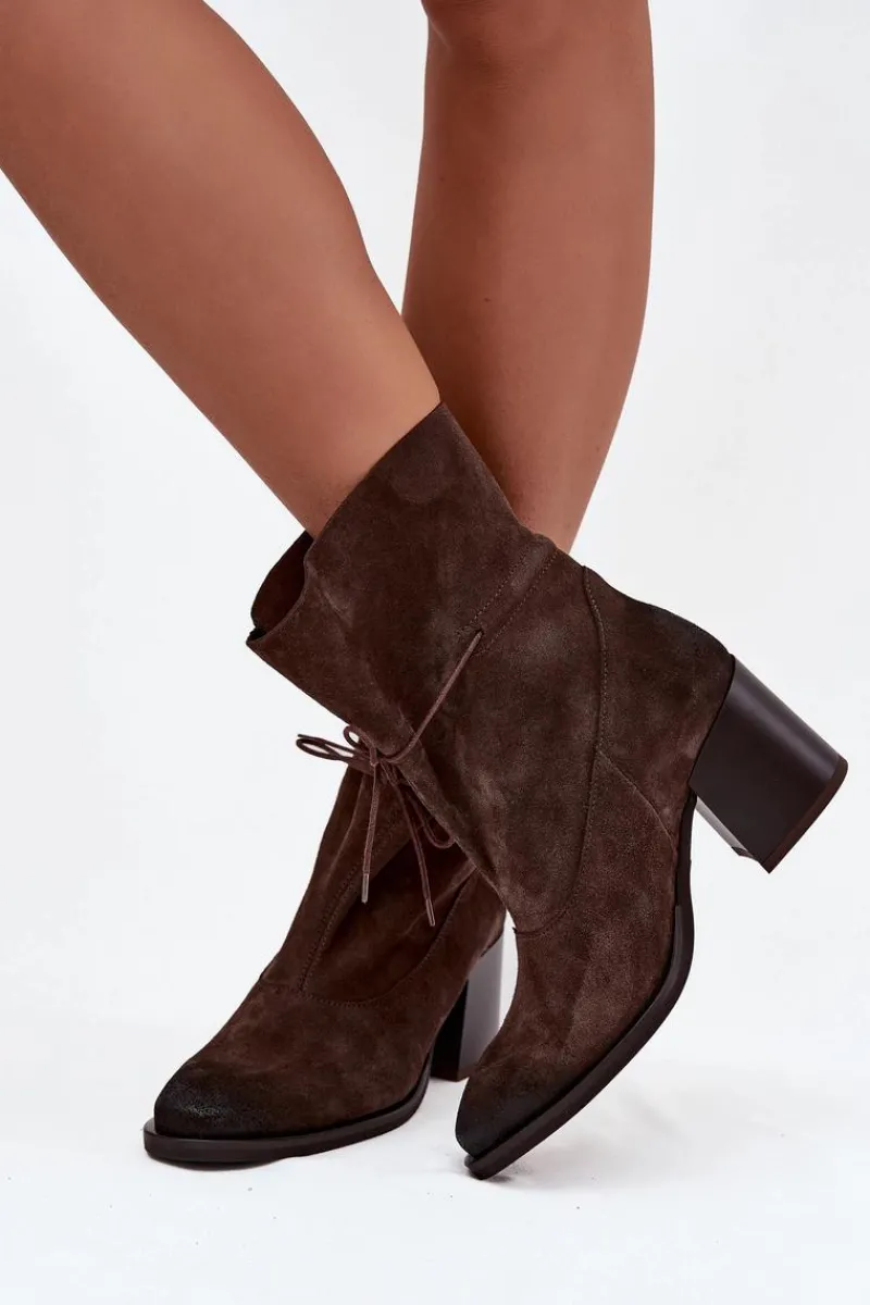 Botki Skórzane|Botki Na Słupku>Zazoo Skórzane Zamszowe Botki Damskie Na Słupku 1151 Czekoladowe Brązowy