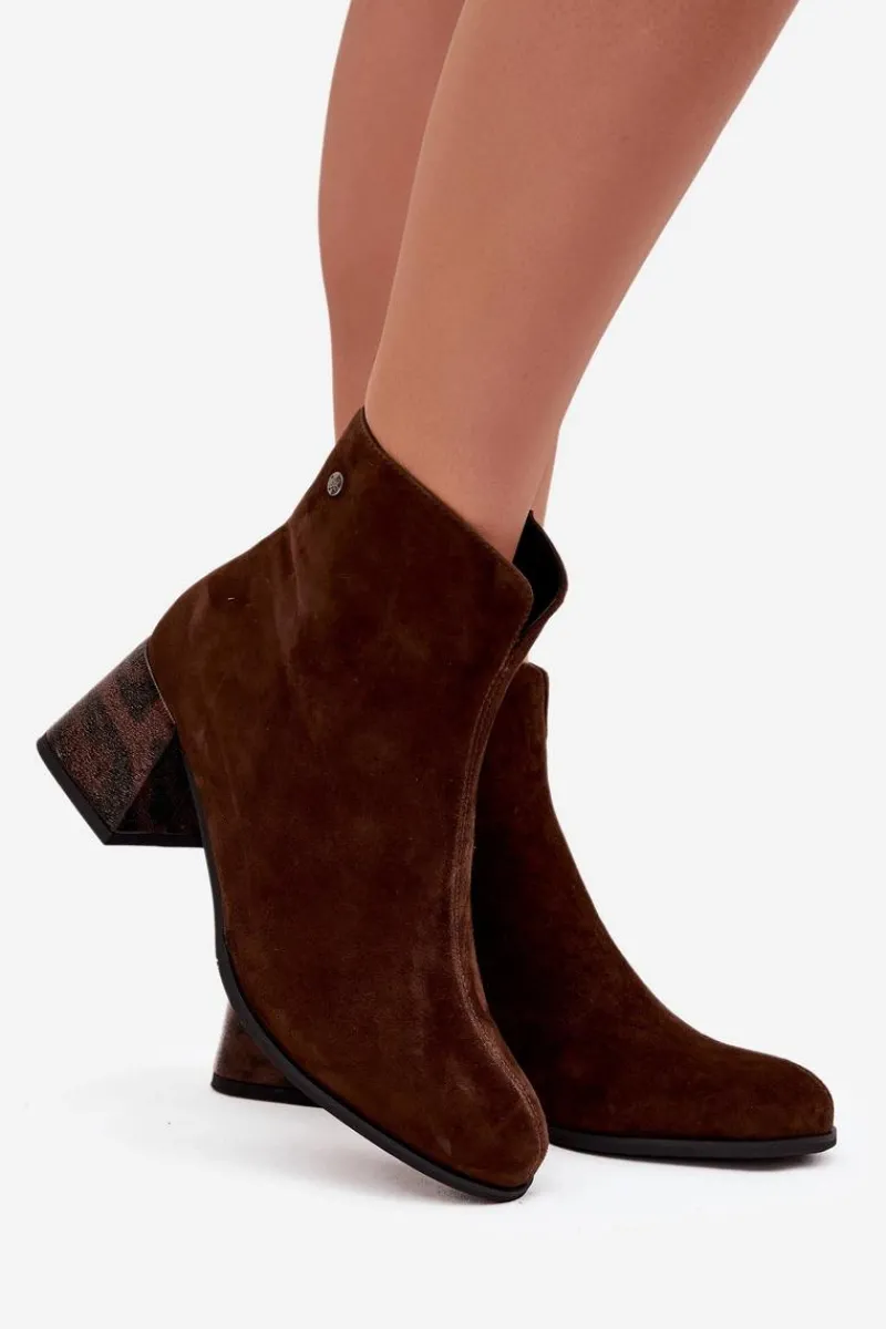 Best Maciejka Skórzane Zamszowe Botki Damskie Na Słupku K7202-02 Czekoladowe Brązowy