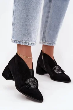 Botki Ocieplane|Botki Skórzane>D&A Skórzane Zamszowe Botki Damskie Na Obcasie Z Ozdobą MR52-182 Czarne