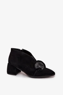 Botki Ocieplane|Botki Skórzane></noscript>D&A Skórzane Zamszowe Botki Damskie Na Obcasie Z Ozdobą MR52-182 Czarne