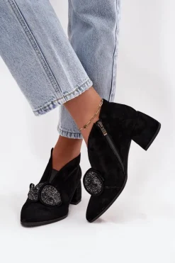 Botki Ocieplane|Botki Skórzane></noscript>D&A Skórzane Zamszowe Botki Damskie Na Obcasie Z Ozdobą MR52-182 Czarne