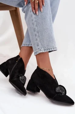 Botki Ocieplane|Botki Skórzane></noscript>D&A Skórzane Zamszowe Botki Damskie Na Obcasie Z Ozdobą MR52-182 Czarne