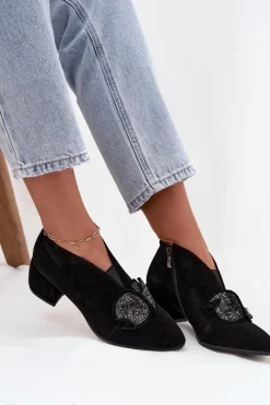 Botki Ocieplane|Botki Skórzane></noscript>D&A Skórzane Zamszowe Botki Damskie Na Obcasie Z Ozdobą MR52-182 Czarne