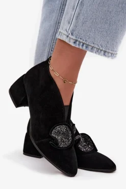 Botki Ocieplane|Botki Skórzane></noscript>D&A Skórzane Zamszowe Botki Damskie Na Obcasie Z Ozdobą MR52-182 Czarne