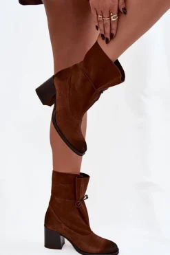 Discount Zazoo Skórzane Zamszowe Botki Damskie Na Słupku 1151 Brązowe Brązowy