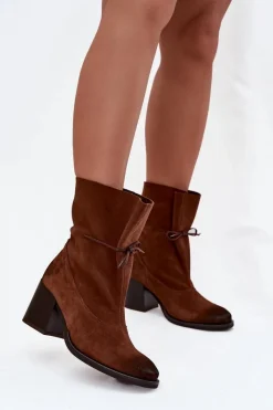 Discount Zazoo Skórzane Zamszowe Botki Damskie Na Słupku 1151 Brązowe Brązowy
