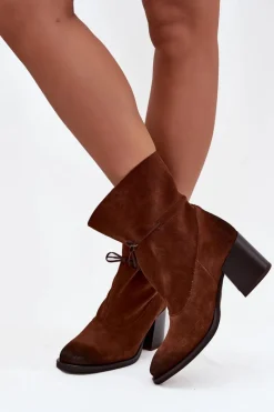 Discount Zazoo Skórzane Zamszowe Botki Damskie Na Słupku 1151 Brązowe Brązowy