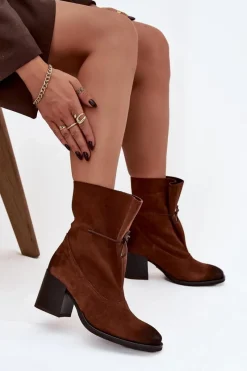 Discount Zazoo Skórzane Zamszowe Botki Damskie Na Słupku 1151 Brązowe Brązowy